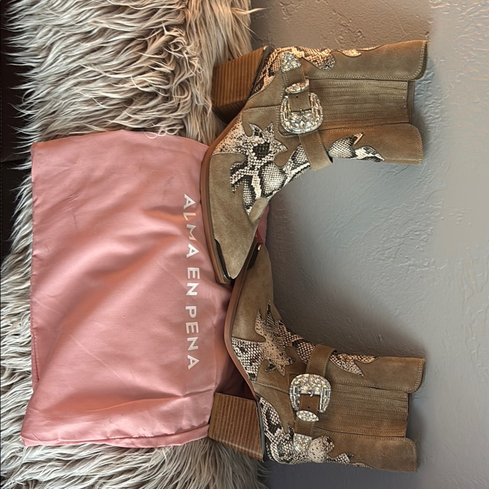 Tan Heeled Boots with Snake Print